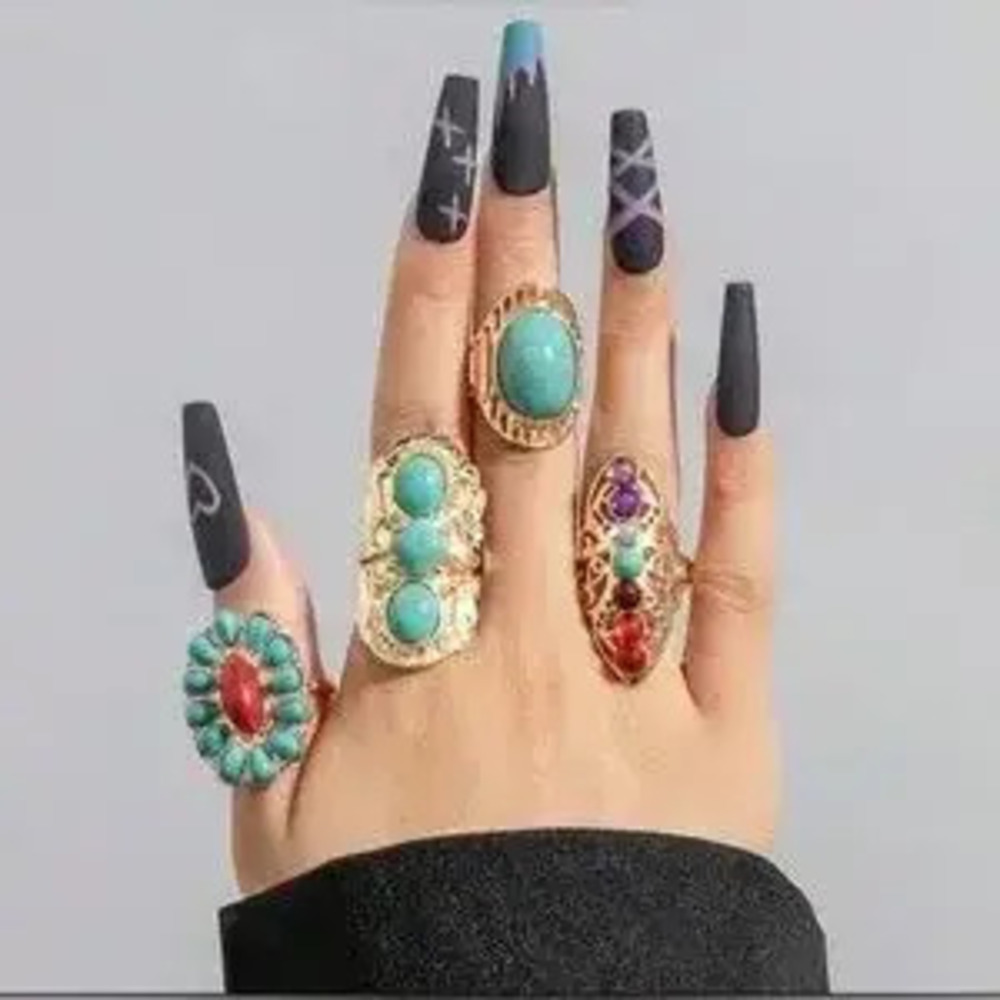 Gold and Turquoise 7 piece Ring Set